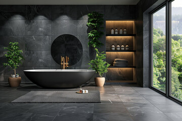 Modern interior bathroom with black marble decoration, bathtub, shower and sink, stylish furniture.