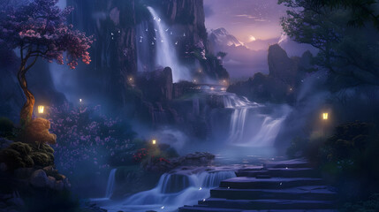 Magical Twilight Cascade: Enchanting Shot Illuminating Waterfall with Soft, Ambient Light