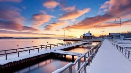 The Enchanting Beauty of a Sunset Over Winter Pier - obrazy, fototapety, plakaty
