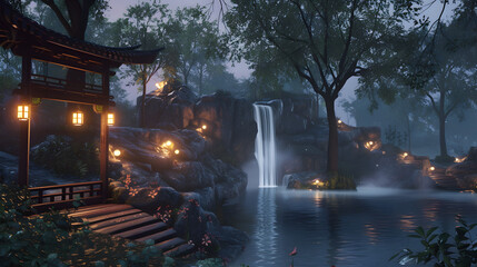 Twilight Cascade: Serene Shot Illuminating Waterfall with Soft, Ambient Light