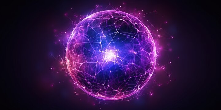 Highly detailed of a luminous purple sphere with an interconnected network on a dark background