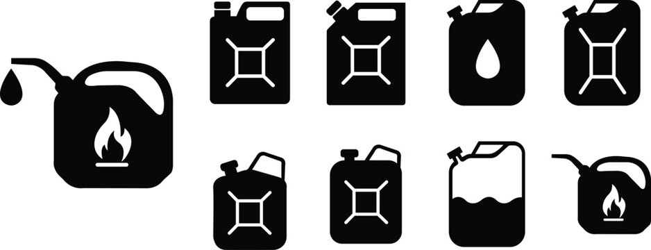 Set of Fuel cans icons in Black Fill styles. Handles jerry cans. Petrol and Gasoline jerry can signs. Car petrol symbols. Gallon collection. Auto industry vectors isolated on transparent background.