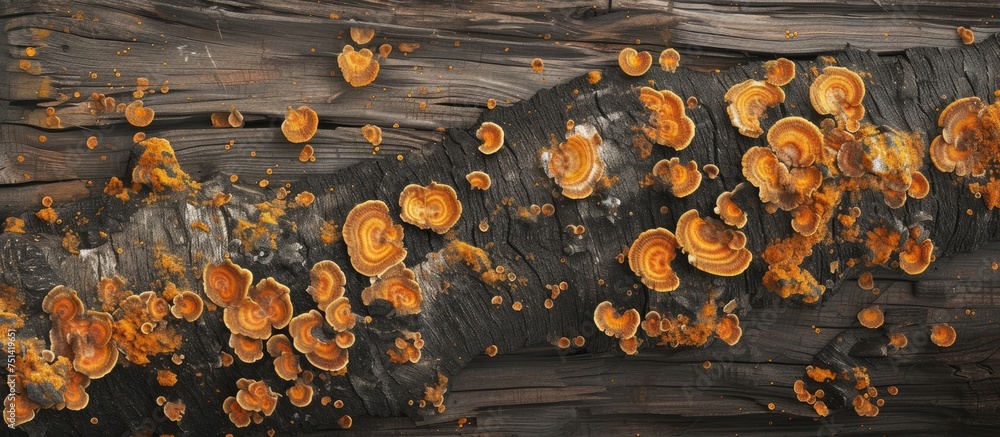 Poster a group of orange and yellow mushrooms can be seen thriving on a decaying tree trunk, creating a uni