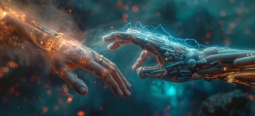 Person is touching one of the hands from AI, in the style of light sky-blue and teal, human connections, neo-academism, focus on joints/connections - obrazy, fototapety, plakaty
