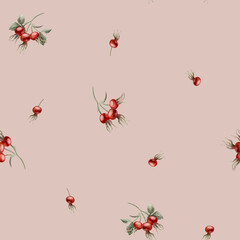 Rose hip red berries, watercolor seamless minimalistic floral pattern on peach pink background. For use in design, fabric, textile, scrapbooking, wallpaper, wrapping papper, gift boxes, greeting cards