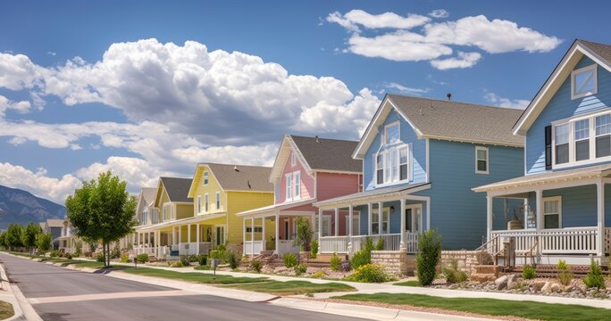Row of houses under blue sky and puffy clouds. Beautiful pastel colored houses. The houses have white picket fences and view of the mountain