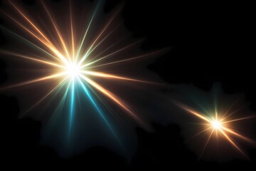 Abstract sun burst, digital flare, iridescent glare, lens flare effects over black background for overlay designs
