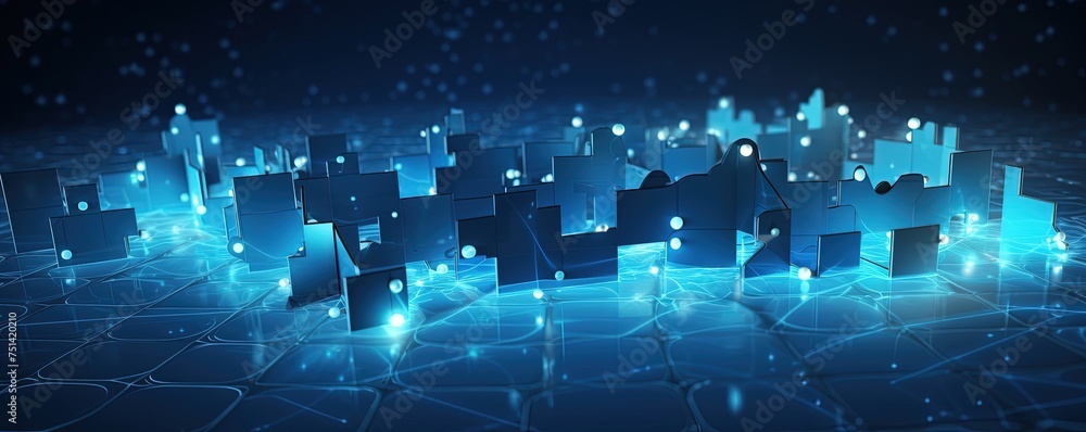 Poster connecting a jigsaw puzzle with glowing blue. low polygon or low poly design and triangle style desi