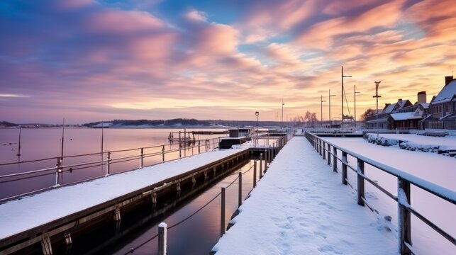 Beautiful sunset over the snowy pier at winter
