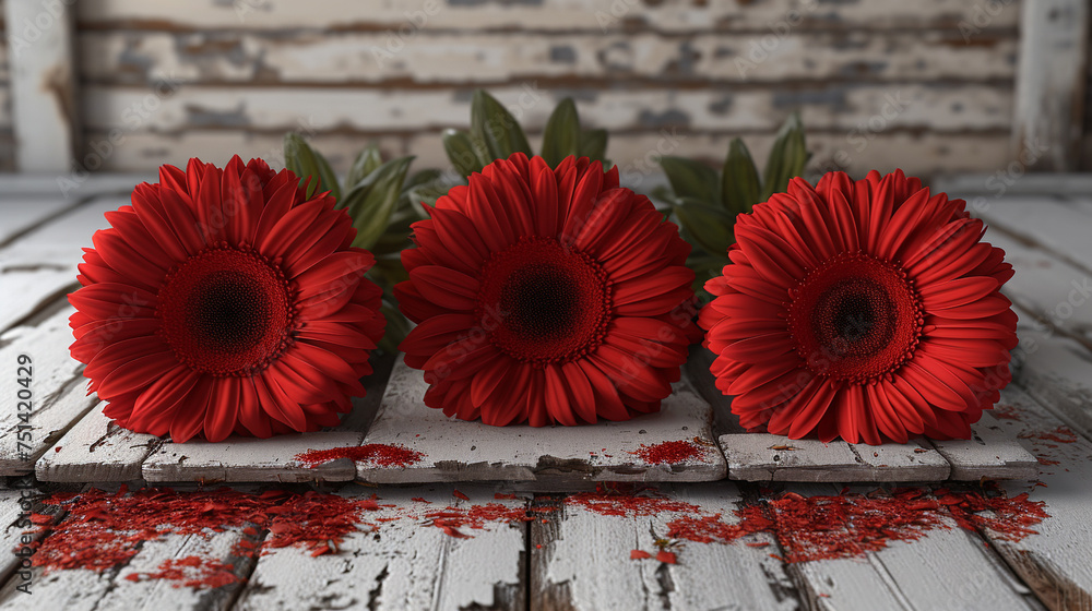 Sticker red flowers on a wooden table