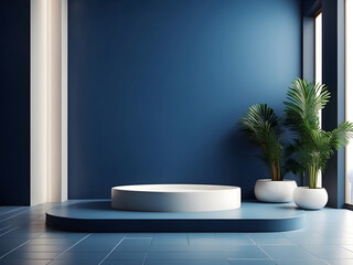 Dark blue wall and white tile floor design, 3D rendering template mockup design, blue rectangle podium in landscape design.
