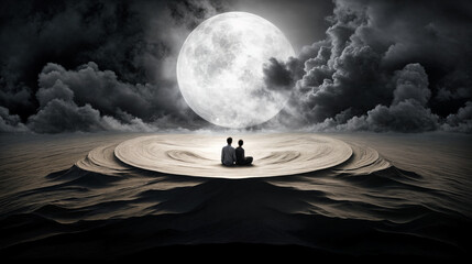 Abstract Meditation: Two Figures Against a Cosmic Spiral and Moon in Surreal Desert - obrazy, fototapety, plakaty