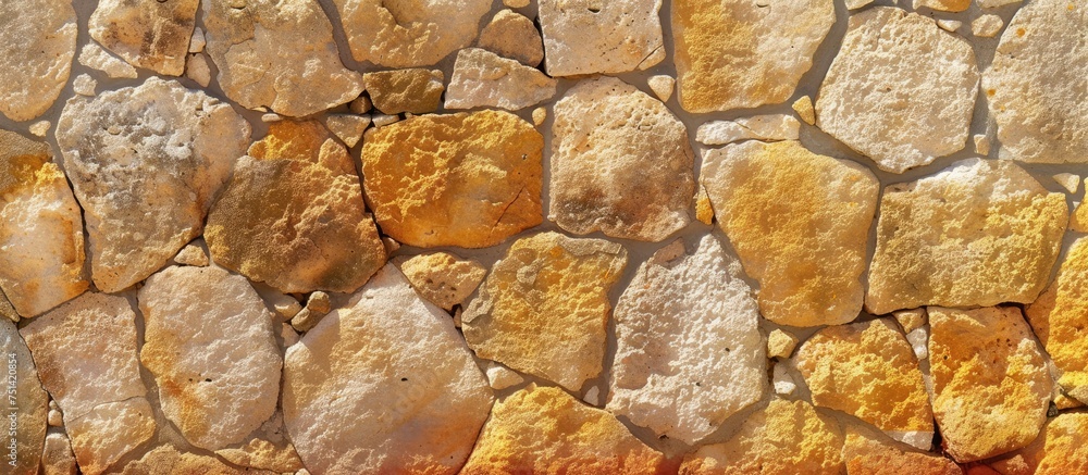 Poster a stone wall made up of yellow and white rocks, creating a textured background with a sand pattern. 