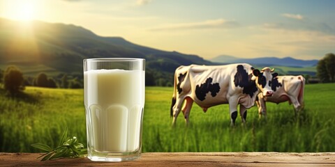 Glass of fresh milk on stone in the meadow with cow grazing in background