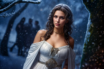 Fototapeta na wymiar Elegant Woman in Medieval Gown on a Snowy Forest Path at Twilight: A Portrait of Solitude and Mystery