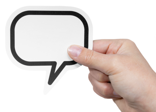 Hand holding a blank speech bubble isolated on blue background. Template Mockup