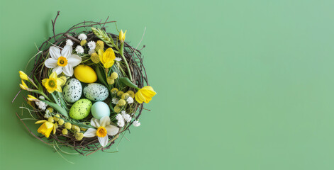 Easter card with bird nest and spring flowers, space for text. 