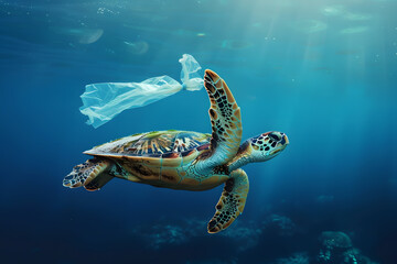 Obraz na płótnie Canvas Plastic waste pollution underwater. Turtle under the sea next to a plastic bag