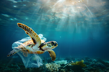 Obraz premium Plastic waste pollution underwater. Turtle under the sea next to a plastic bag