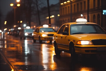 Yellow Taxi cars are driving down the Central City Street with a lightning taxi lamp on the roof