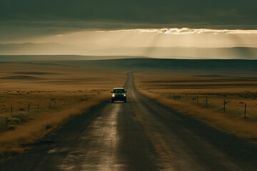 lonely car is going by the straight road in the desert area with the rainy clouds at far
