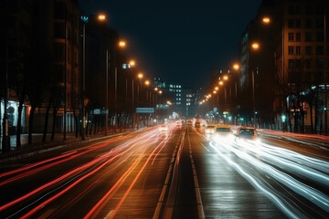 Headlights trails from public transport and cars in a modern big city at night