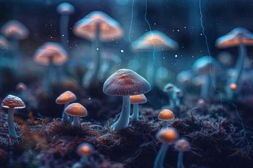 Fotobehang Neon illustration of magic mushrooms under the rain glowing at night in an enchanting forest © Ievgen Skrypko