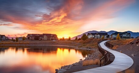 Scenic view of City Lake reflecting the golden sun in the horizon. An arched bridge crosses over the shiny lake overlooking homes and mountain - obrazy, fototapety, plakaty