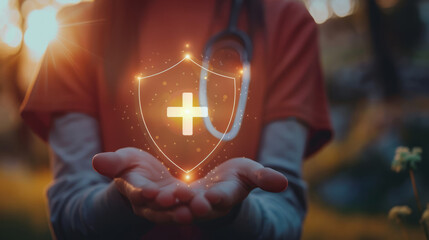Person holding virtual medical health protection shield for Medical and health care concept.