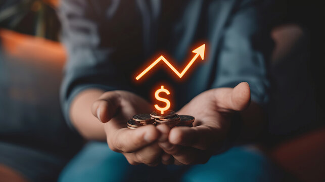 Interest rate and dividend concept, Person holding virtual percentage icon with up arrow. - Powered by Adobe