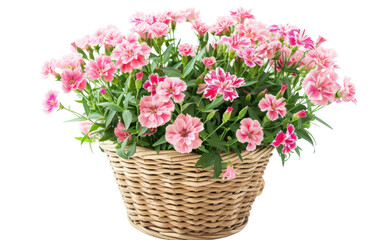 Dianthus Displayed in Scalloped Rattan Pot isolated on transparent Background
