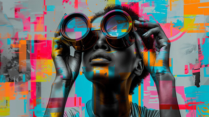 Collage of futuristic vision of electronic urban landscapes. Woman looking through binoculars that reflect a vivid urban skyline. Exploring the intersections of technology, fashion and urban imagery.