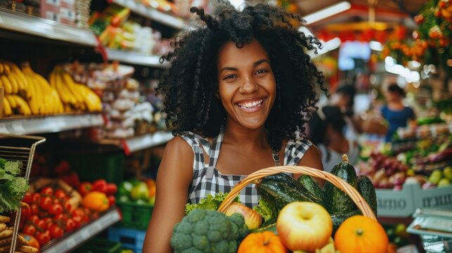 Happy woman holding basket of groceries in store