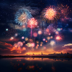 Fototapeta na wymiar Colorful fireworks lighting up the night sky.