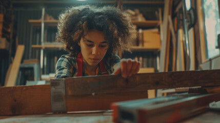 Portrait view of hardworking middle aged professional female carpenter worker working with sandpaper and choosing wood in the workshop.
