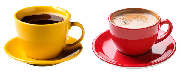 Yellow and red mugs empty blank for coffee or tea isolated on white background
