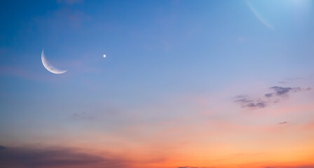 Sky Moon Sunset Night Arab Background Mubaruk Greeting Islam Ramadan Element Masjid Aqsa Hajj Kaaba Umrah Eid Arabian Religion Islamic Muhammad Arab Muslim Greeting Scene Copy Space.