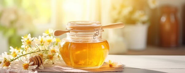 Natural floral golden honey in glass jar on table in light colored kitchen. Background with copy space for bee farm for production of homemade healthy - obrazy, fototapety, plakaty