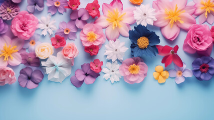 Abstract summer composition, colorful flowers on blue background. Top view copy space