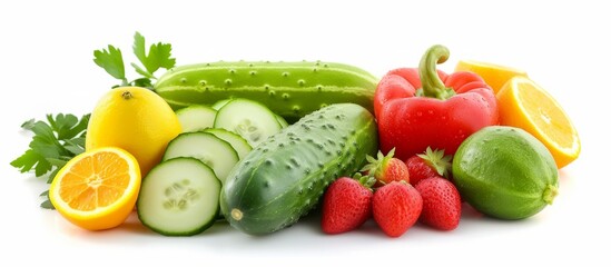 A vibrant assortment of fresh fruits and vegetables arranged neatly on a clean white background