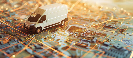 van transporting cargo model on urban city map. service delivery concept background - obrazy, fototapety, plakaty