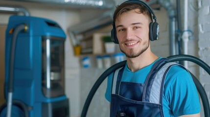 Happy young man wearing wireless headphones cleaning home with vacuum cleaner - obrazy, fototapety, plakaty