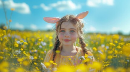 Happy easter. Girl wearing bunny ears wandering through green fields. Blue sky background. In bloom. Room for copy space.