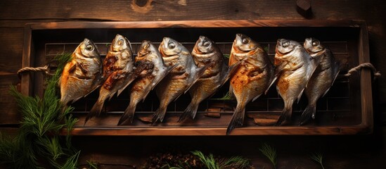 A variety of fish neatly lined up on a wooden rack, ready to be prepared for frying. The fish are displayed in an organized manner, showcasing their freshness.