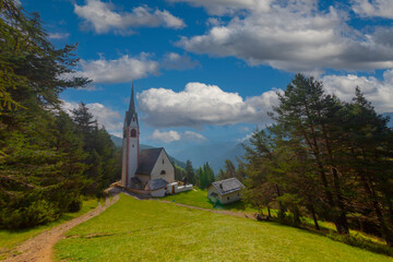 Fototapeta na wymiar View of Saint Jacob church in Ortisei. South Tyrol, Italy