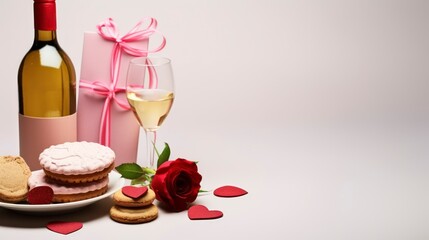 Valentine's Day celebration - Rose, bottle of wine, cookies, candles and gift on light background with space for text