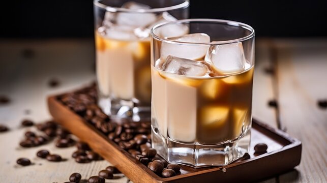 Savoring Coffee Liqueur with Ice and Beans on a Wooden Backdrop