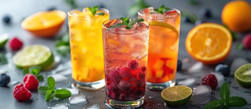 .arrangement of colorful fresh fruit around the glass. white background