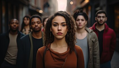 Obraz premium A woman is standing confidently in front of a diverse group of people, engaging them in a discussion or presentation. She appears to be a leader or speaker, while the group attentively listens