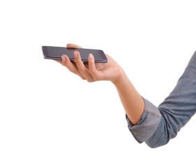 Phone, screen and hand of woman in studio with mockup for social media, chat or networking on white background. Smartphone, app or closeup of lady model show sign up, promotion or internet connection